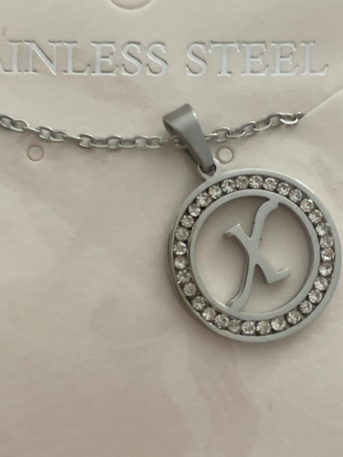 Initial X Pendant Necklace Silver Tone Rhinestone Necklace