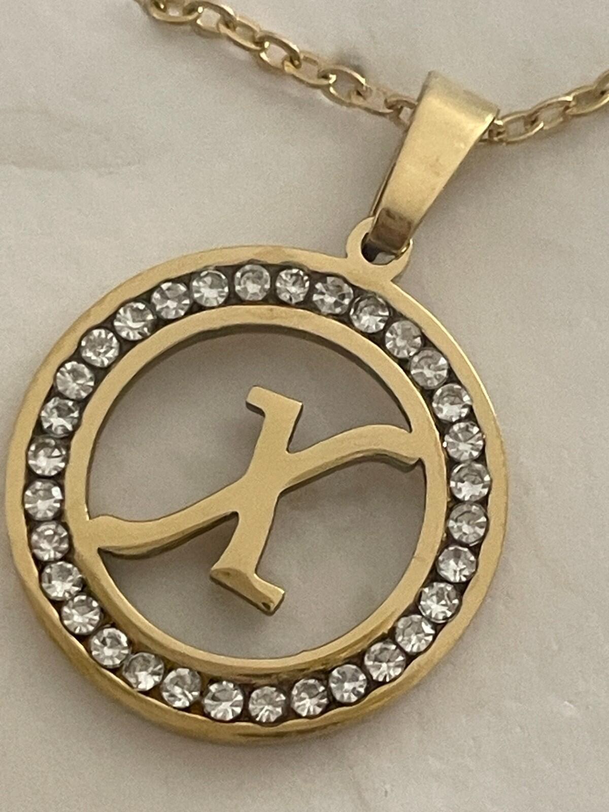 Initial X Pendant Necklace Gold Tone Rhinestone Necklace
