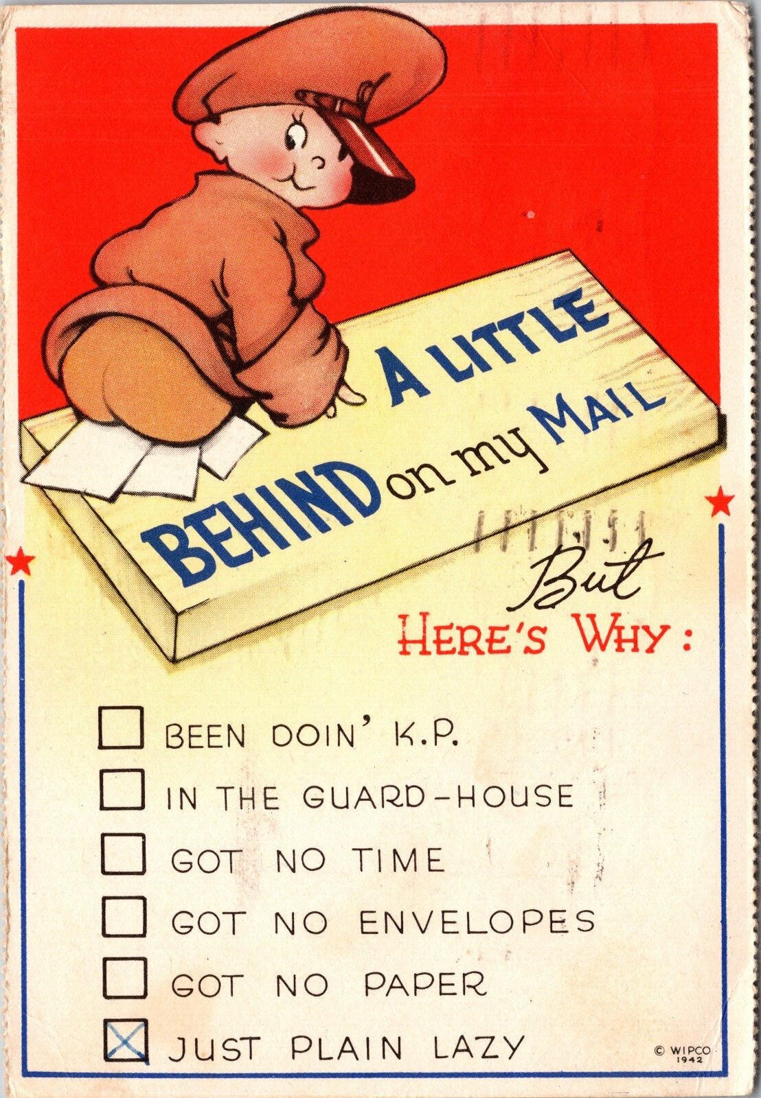 A Little Behind On My Mail Baby In Uniform Postcard Wipco 1942