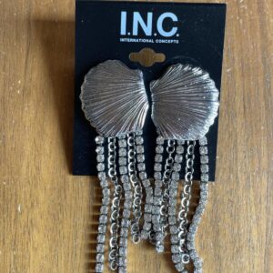 I.N.C.  Sea Shell Earrings Rhinestone Fringe Statement Rodium Plated