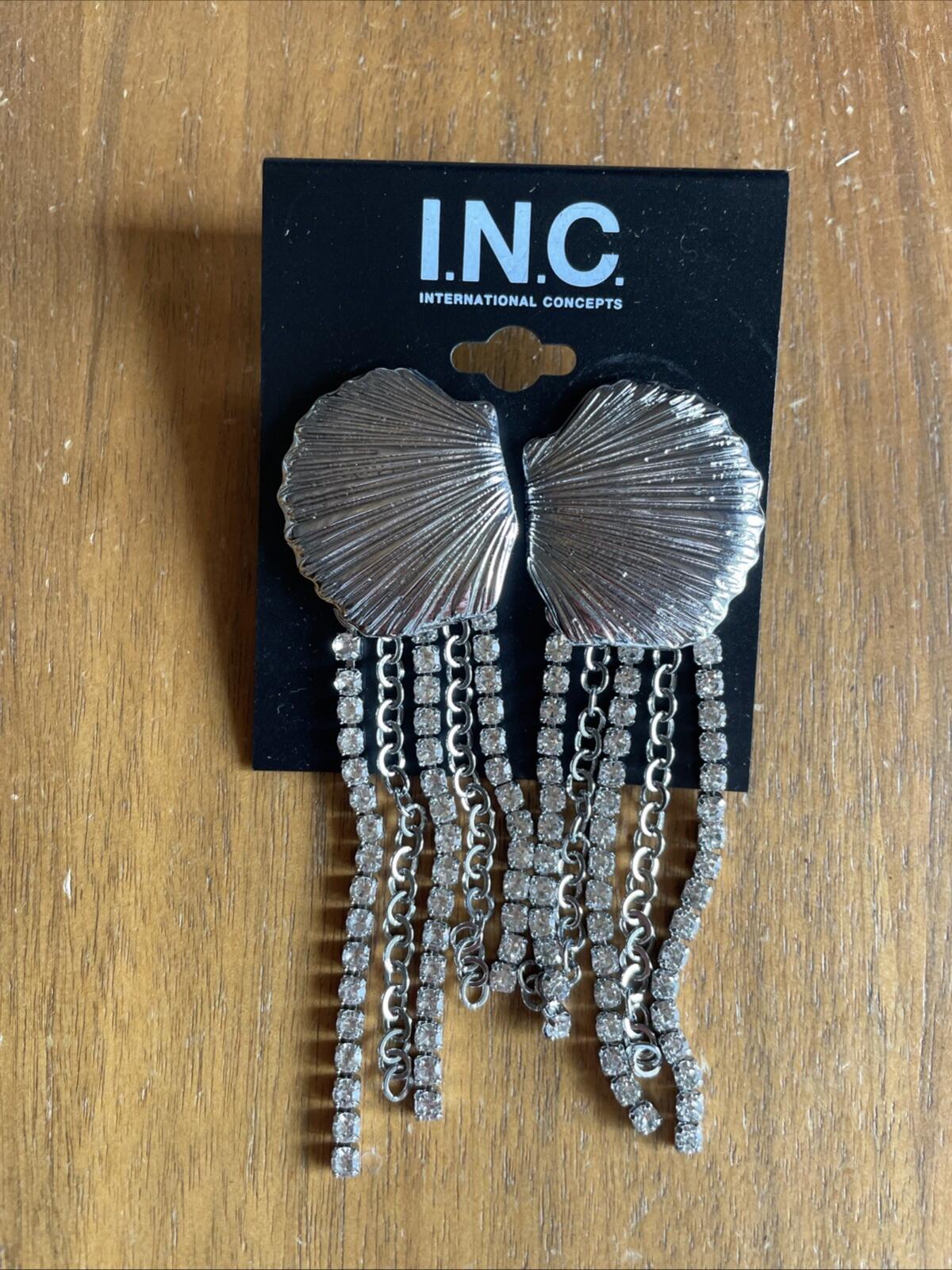 I.N.C. Sea Shell Earrings Rhinestone Fringe Statement Rodium Plated