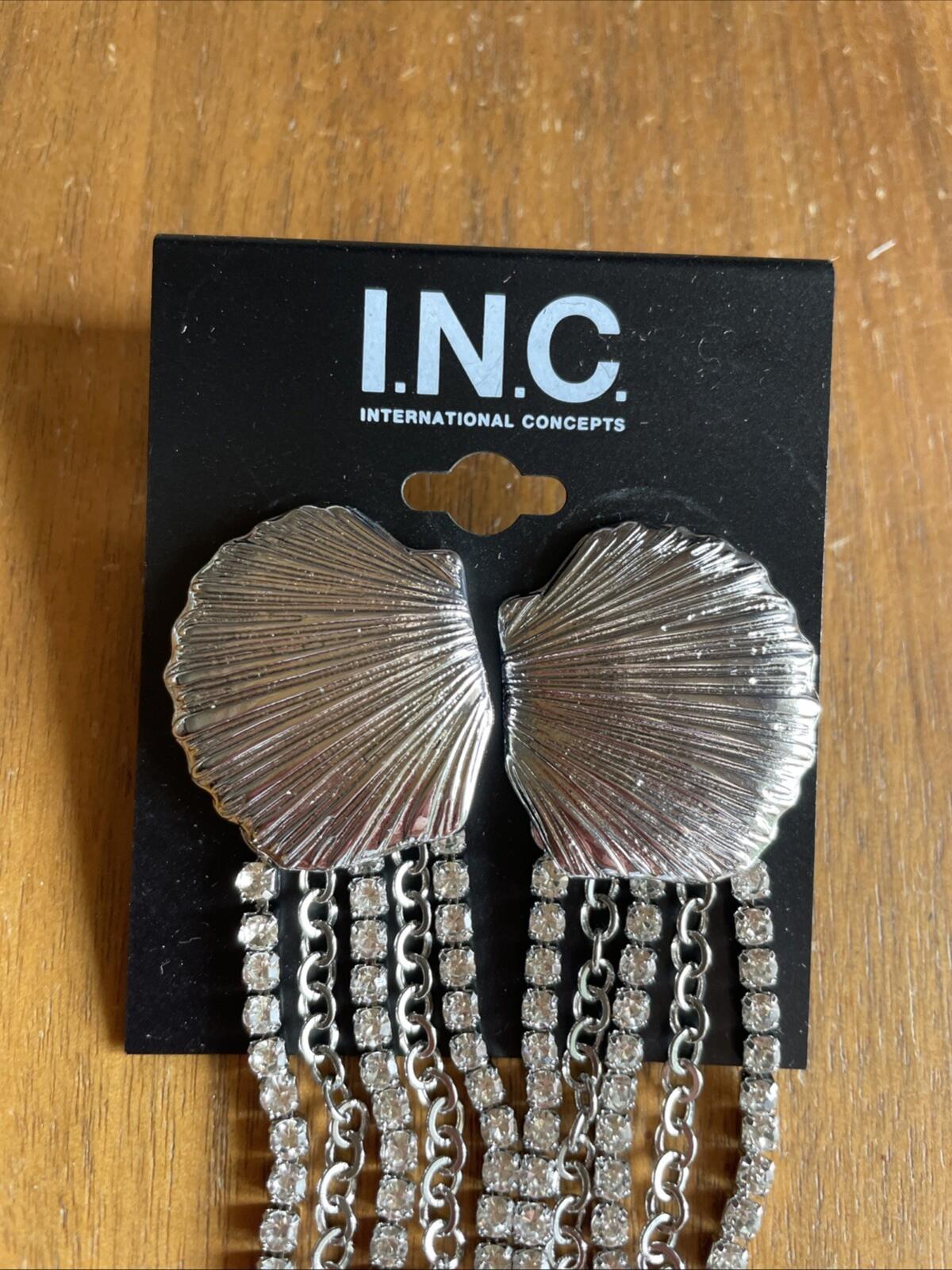 I.N.C. Sea Shell Earrings Rhinestone Fringe Statement Rodium Plated - Image 2