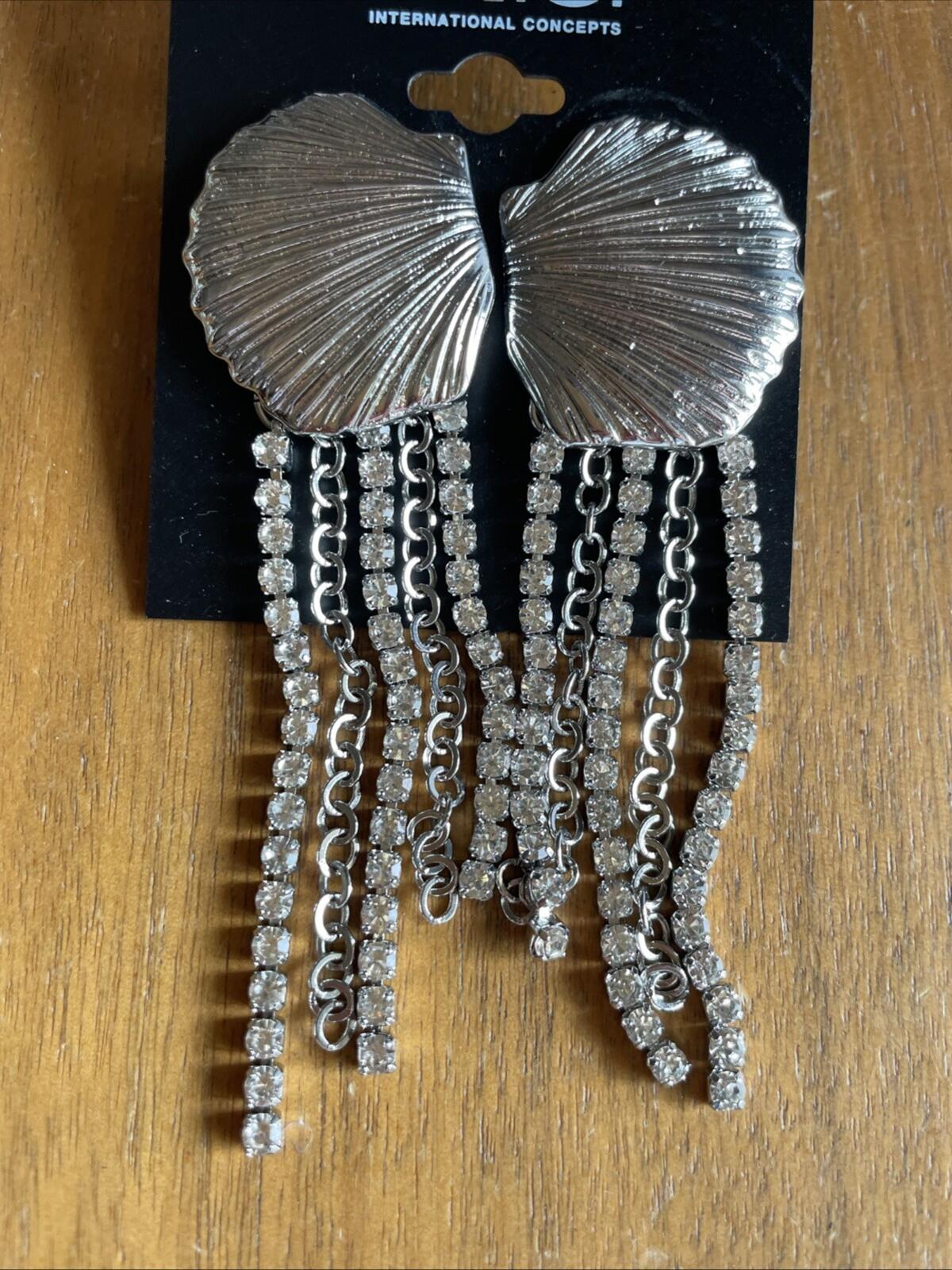 I.N.C. Sea Shell Earrings Rhinestone Fringe Statement Rodium Plated - Image 3