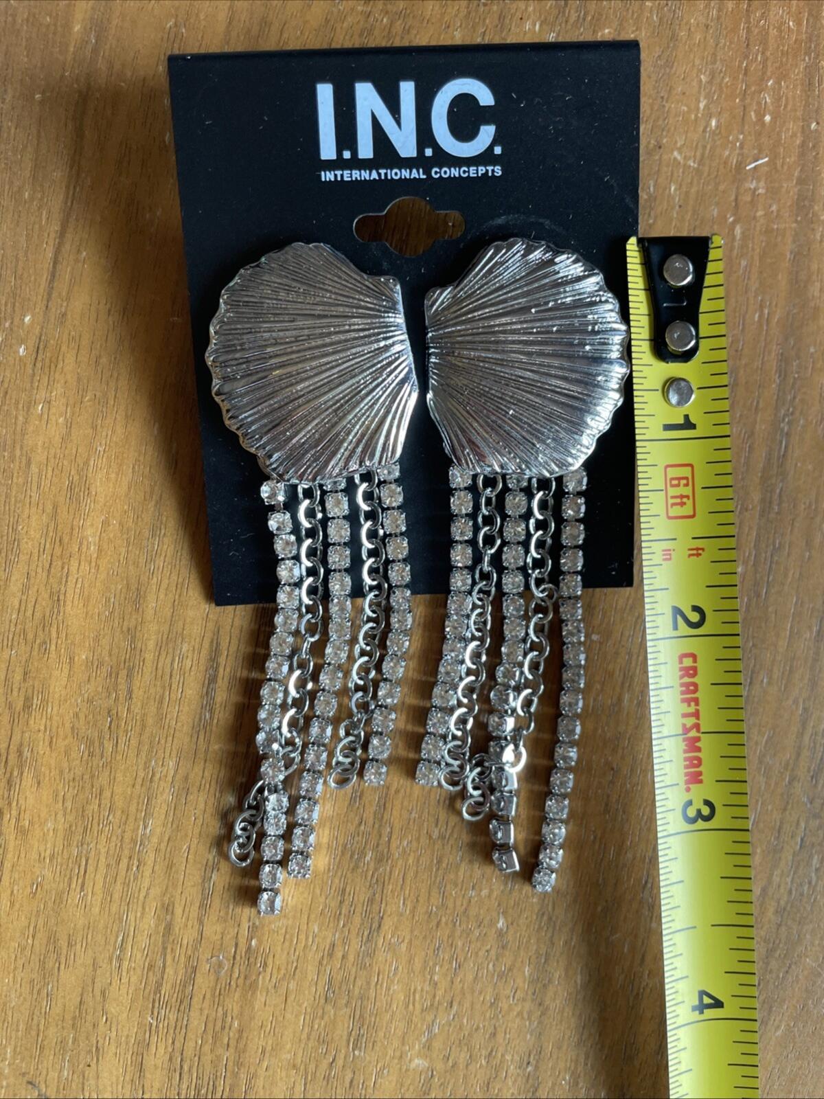 I.N.C. Sea Shell Earrings Rhinestone Fringe Statement Rodium Plated - Image 5