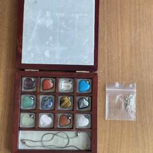 Gemstones 12 Heart Shaped Keepsake Pendants In Wooden Box 18" Chain 925
