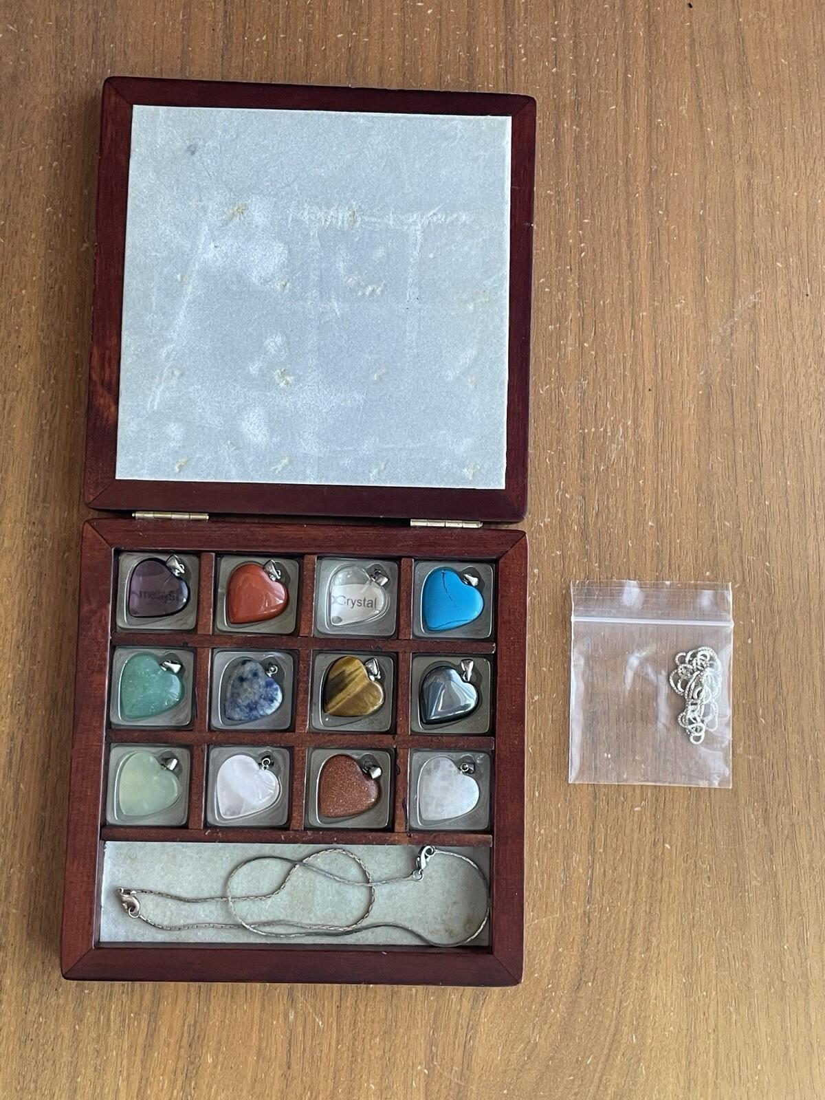 Gemstones 12 Heart Shaped Keepsake Pendants In Wooden Box 18" Chain 925