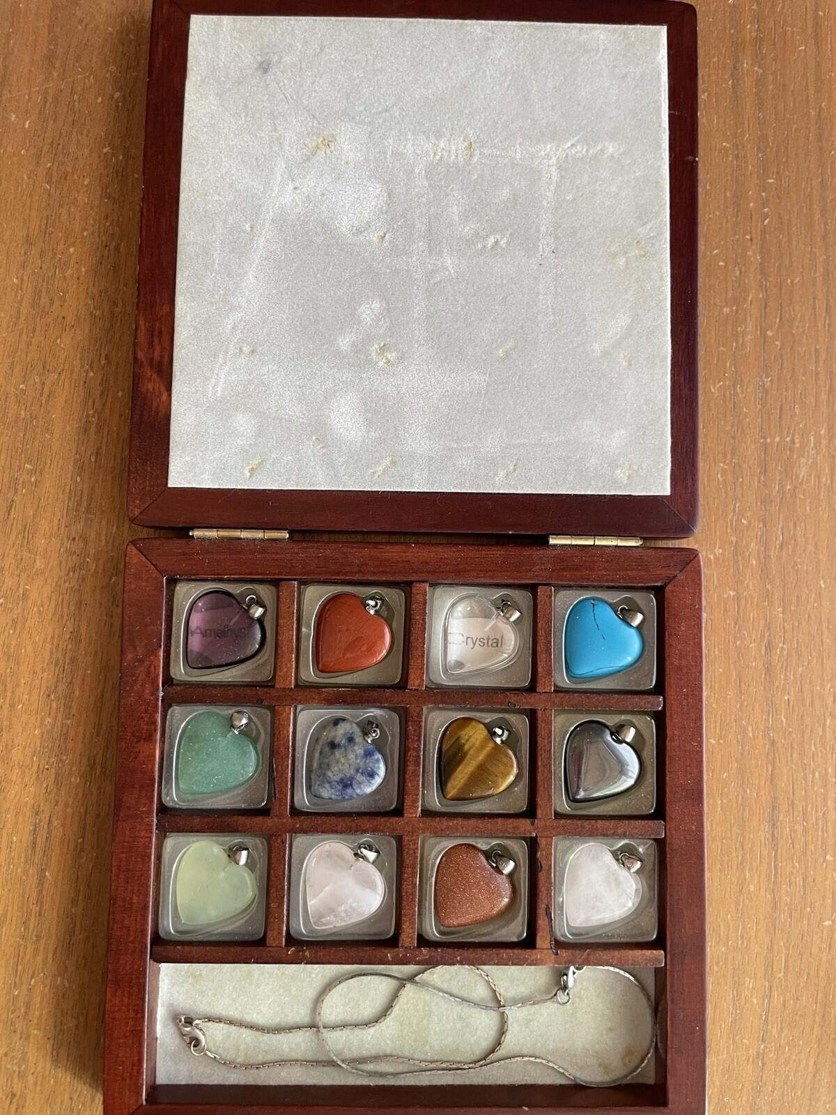 Gemstones 12 Heart Shaped Keepsake Pendants In Wooden Box 18" Chain 925 - Image 2