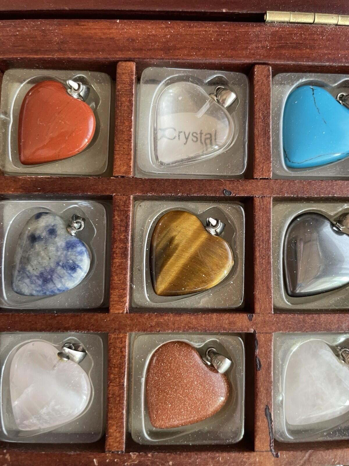 Gemstones 12 Heart Shaped Keepsake Pendants In Wooden Box 18" Chain 925 - Image 3
