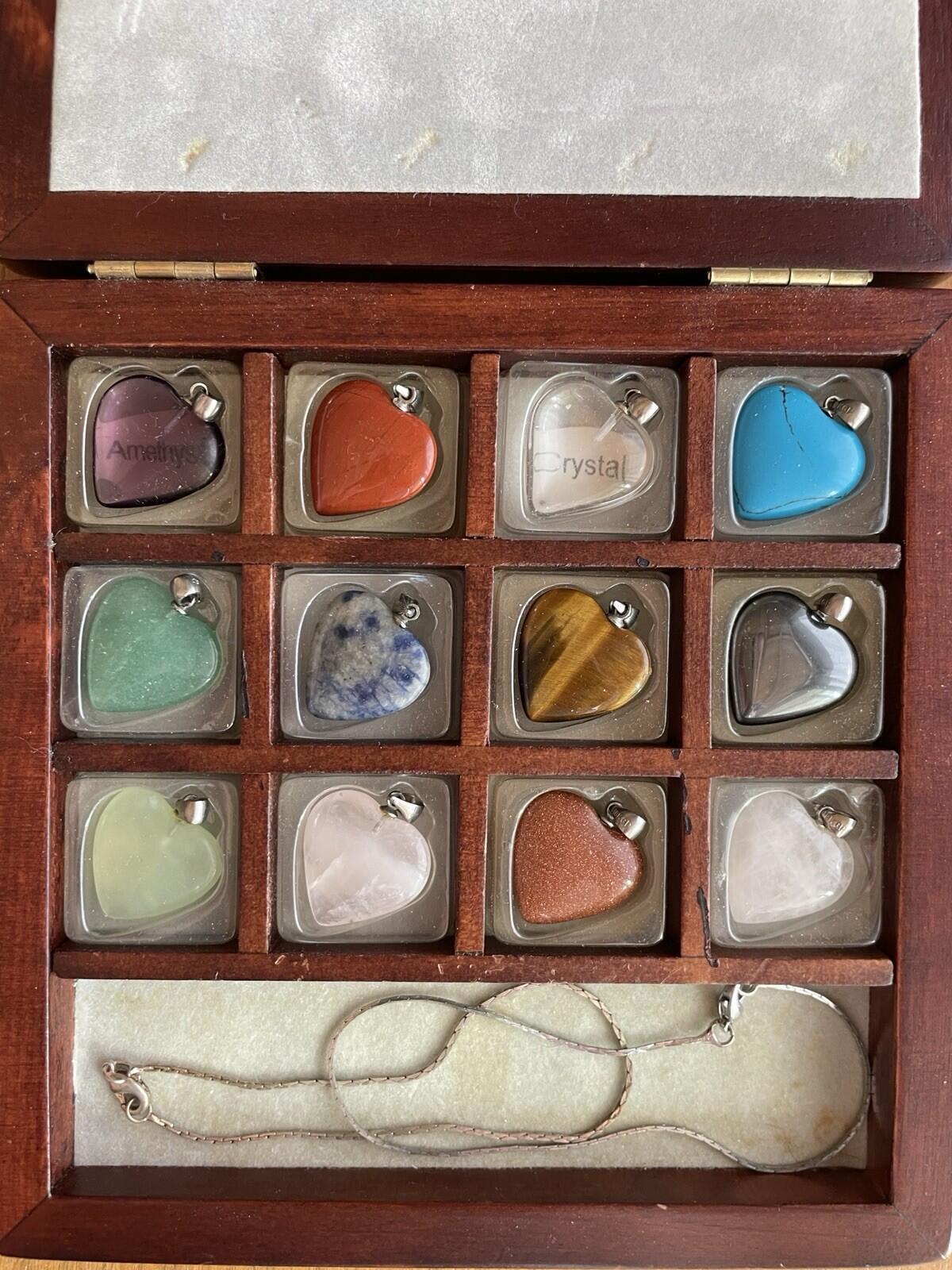 Gemstones 12 Heart Shaped Keepsake Pendants In Wooden Box 18" Chain 925 - Image 5