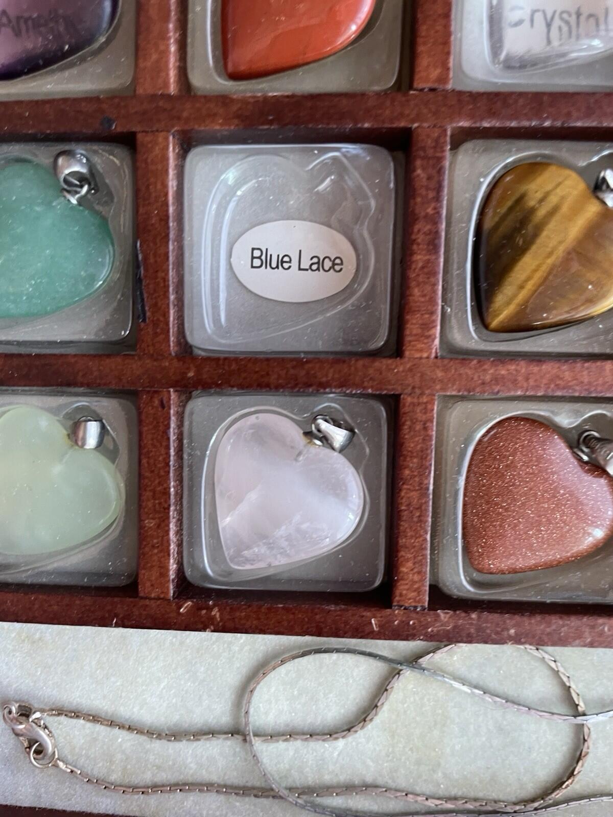 Gemstones 12 Heart Shaped Keepsake Pendants In Wooden Box 18" Chain 925 - Image 6