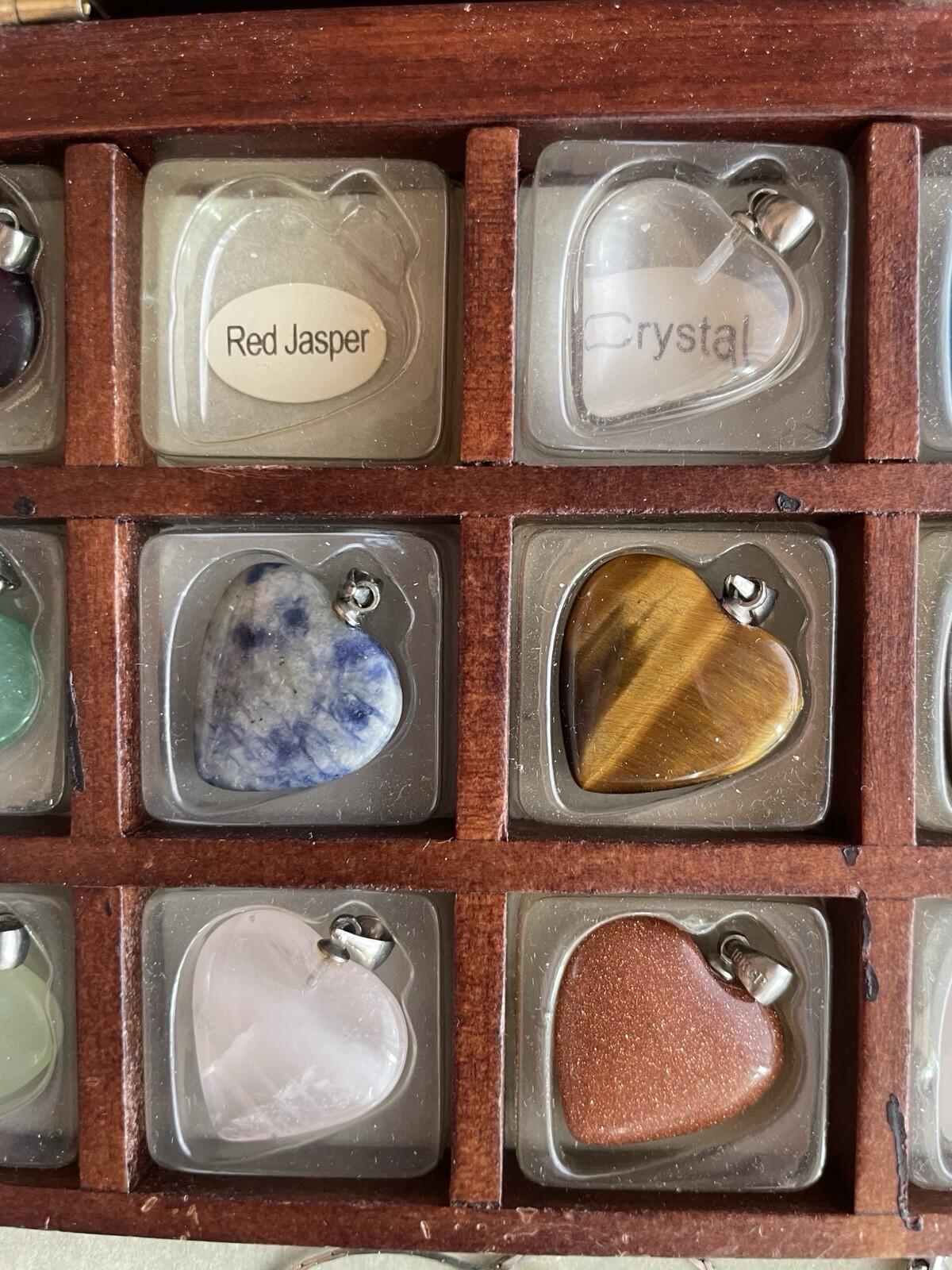 Gemstones 12 Heart Shaped Keepsake Pendants In Wooden Box 18" Chain 925 - Image 7