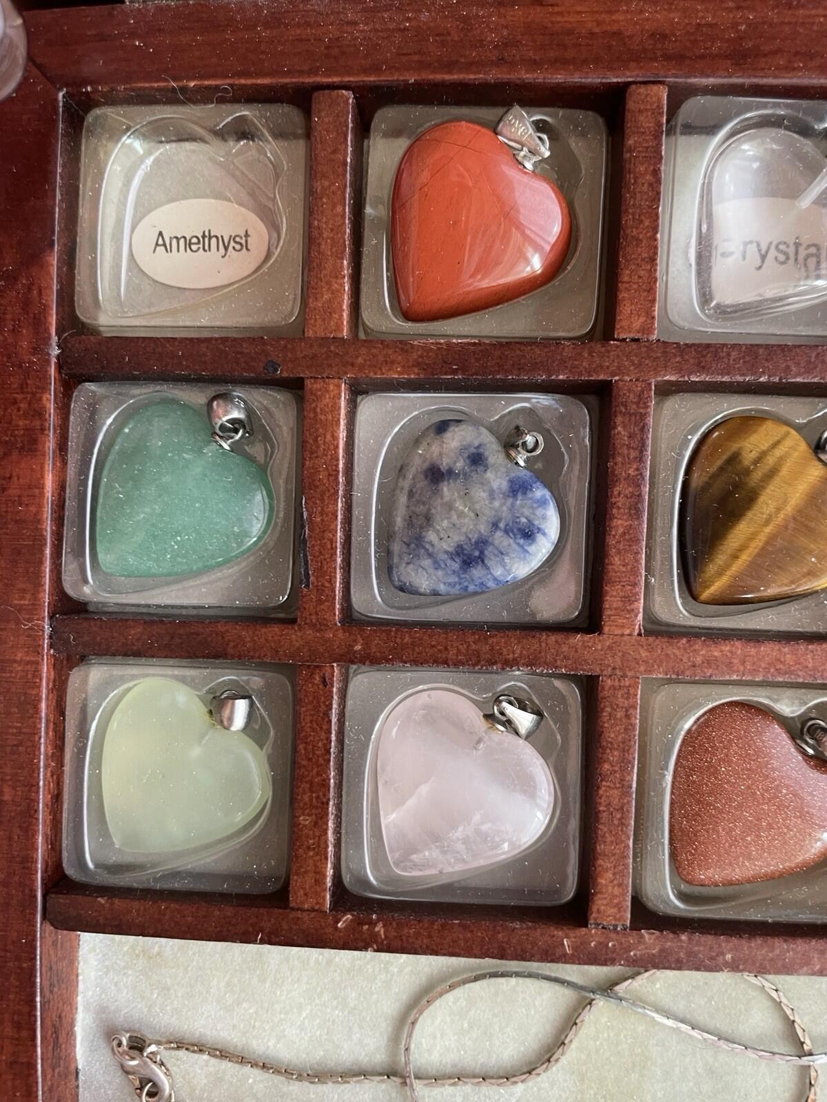 Gemstones 12 Heart Shaped Keepsake Pendants In Wooden Box 18" Chain 925 - Image 8