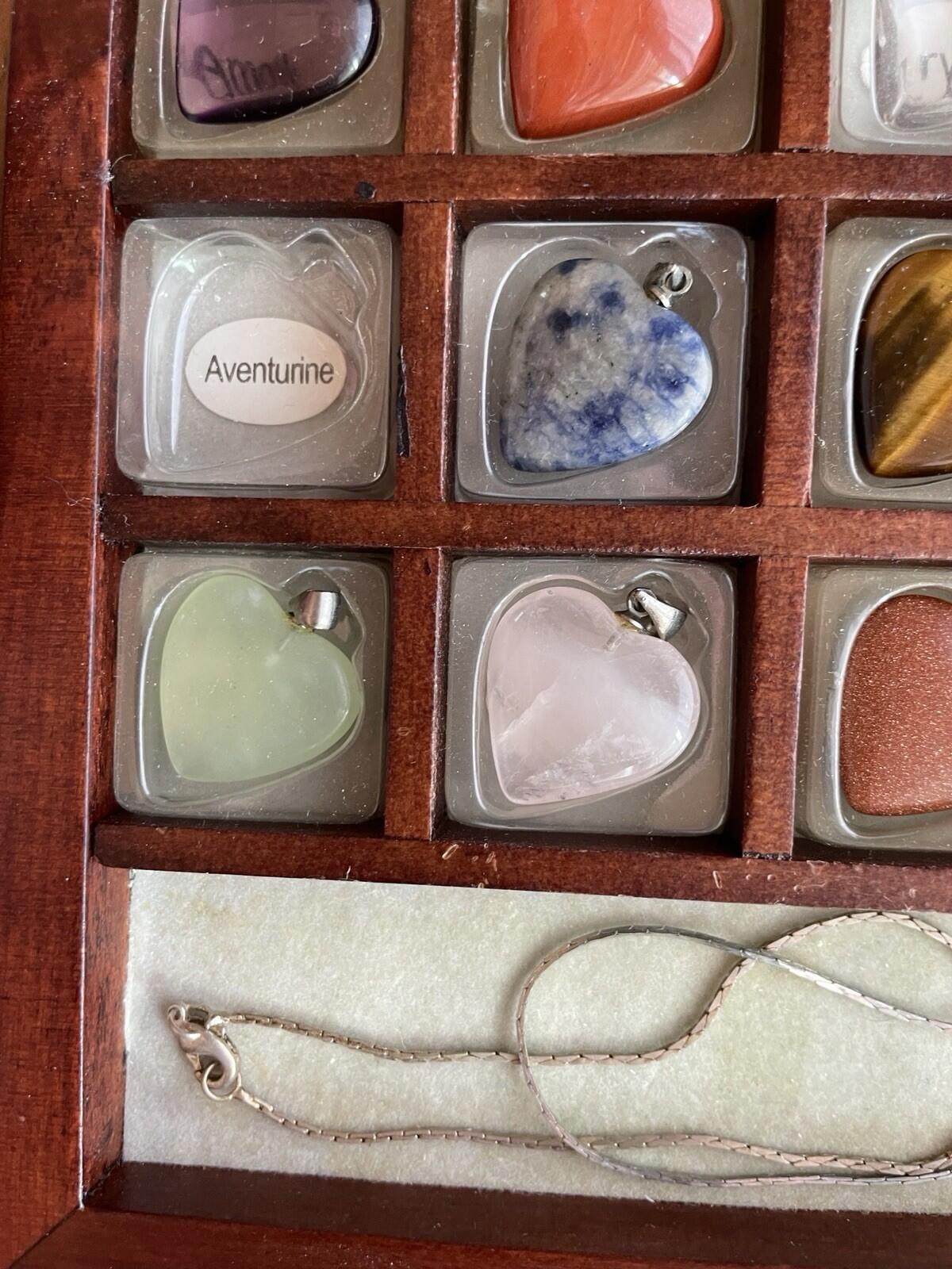 Gemstones 12 Heart Shaped Keepsake Pendants In Wooden Box 18" Chain 925 - Image 9