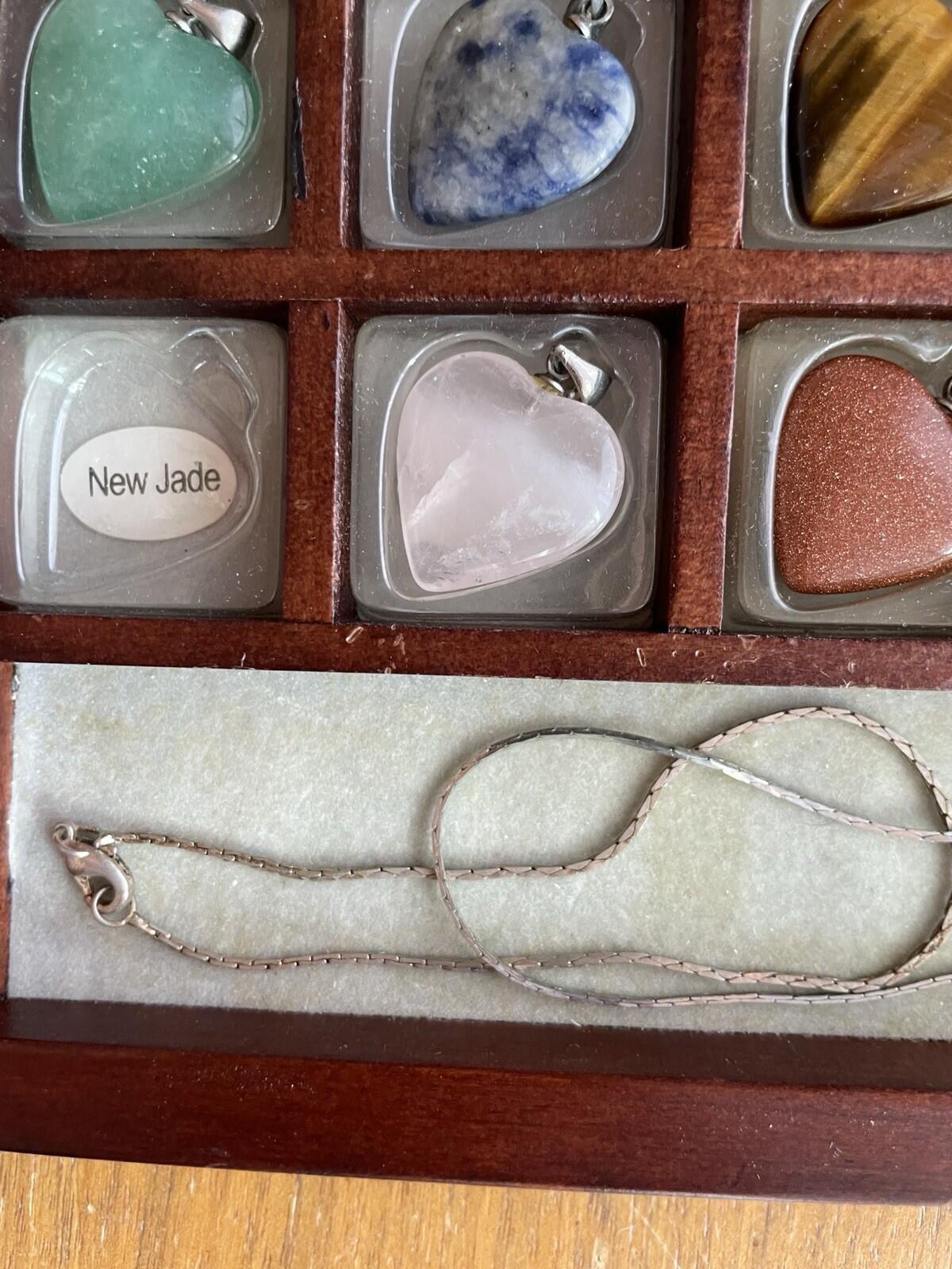 Gemstones 12 Heart Shaped Keepsake Pendants In Wooden Box 18" Chain 925 - Image 10