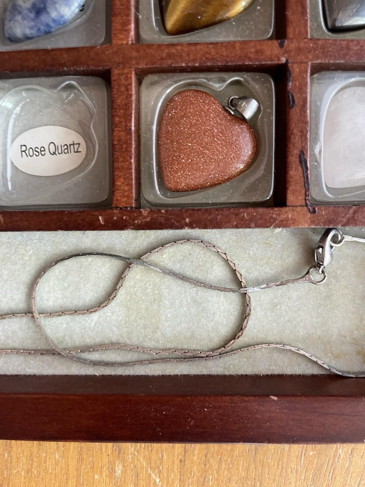 Gemstones 12 Heart Shaped Keepsake Pendants In Wooden Box 18" Chain 925 - Image 11