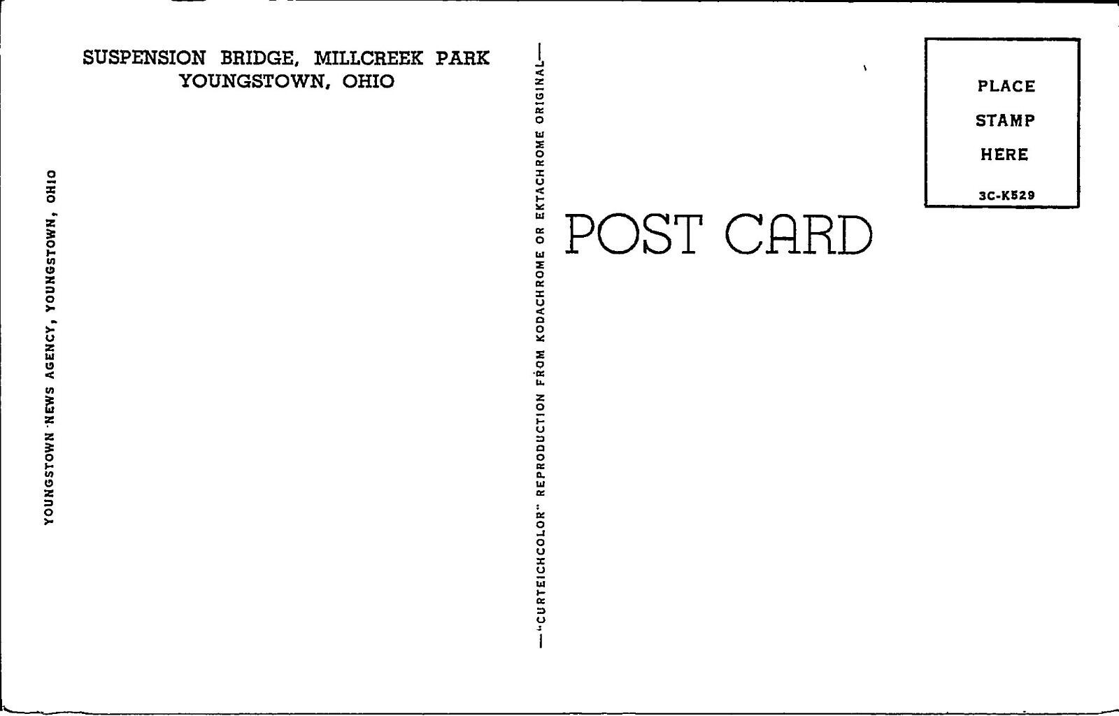 Suspension Bridge Millcreek Park Youngstown Ohio Postcard Unposted - Image 2