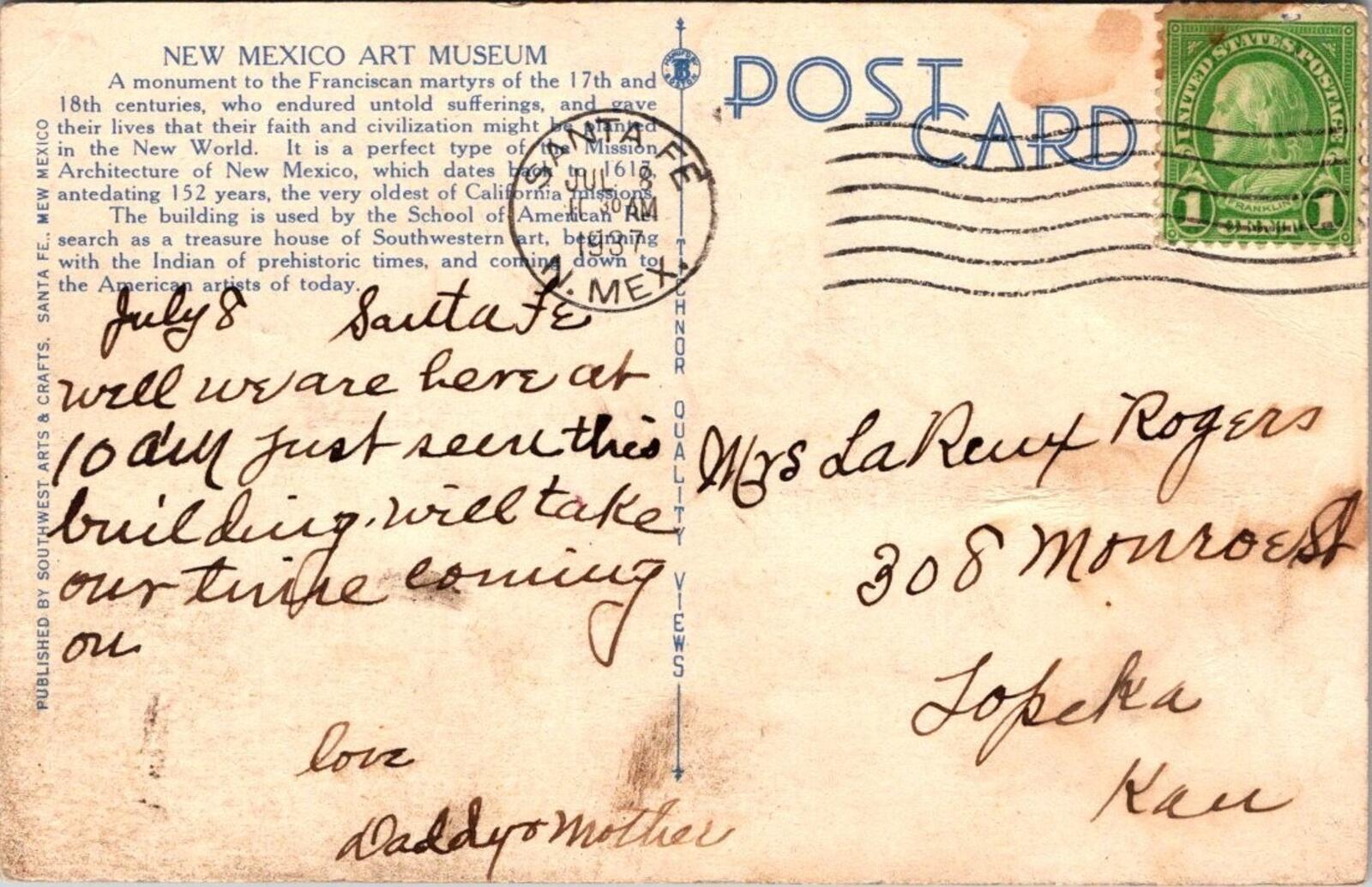 New Mexico Art Museum Santa Fe New Mexico Postcard Posted - Image 2
