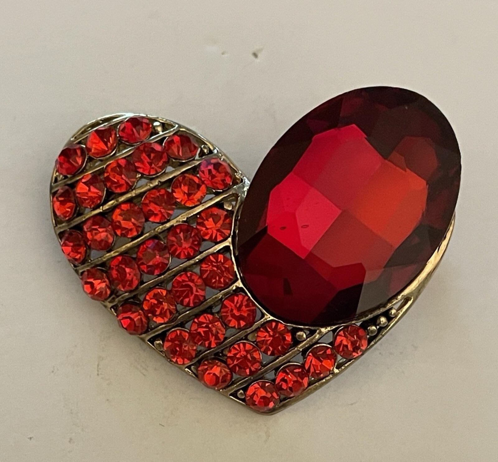Red Rhinestones Heart Brooch Pin With Large Faceted Crystal Vintage Brooch