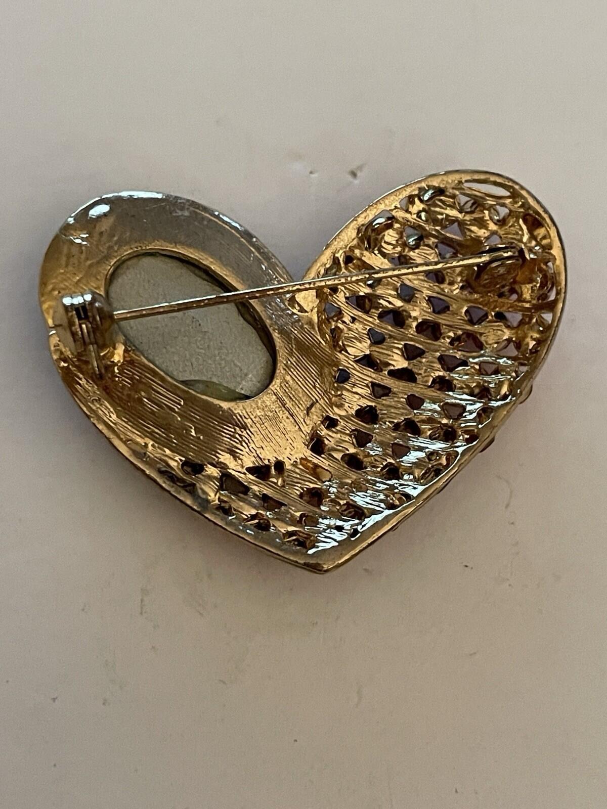 Red Rhinestones Heart Brooch Pin With Large Faceted Crystal Vintage Brooch - Image 2