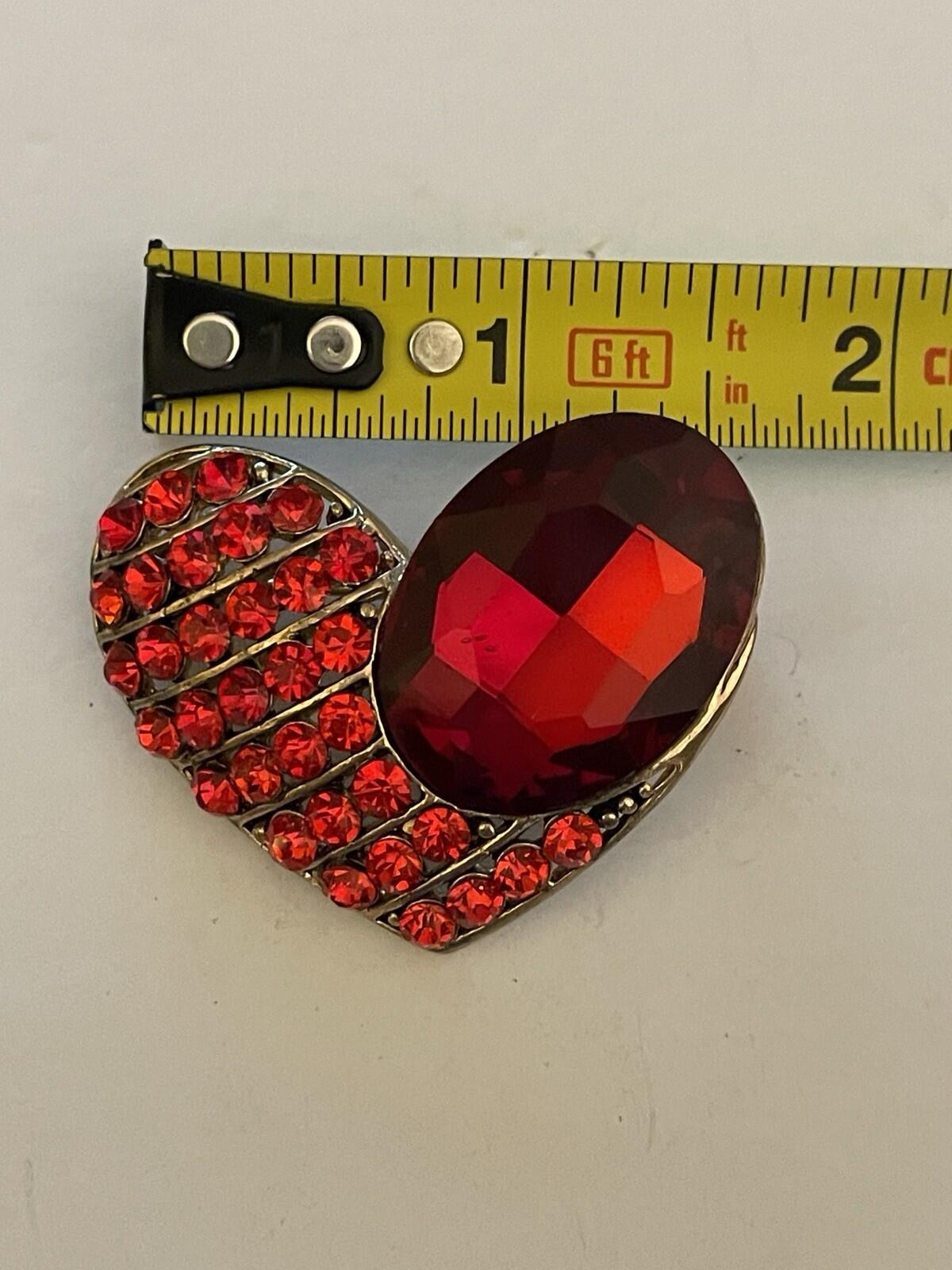 Red Rhinestones Heart Brooch Pin With Large Faceted Crystal Vintage Brooch - Image 4