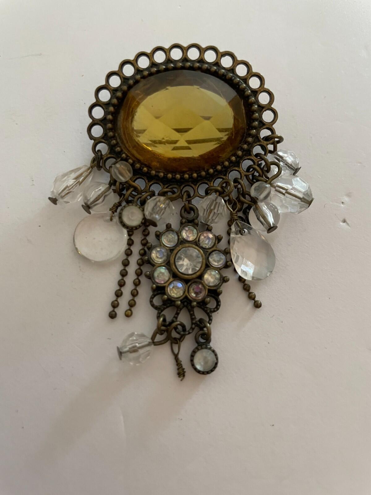 Amber Faceted Dangel Crystal Gems Brooch Pin Vintage Brooch