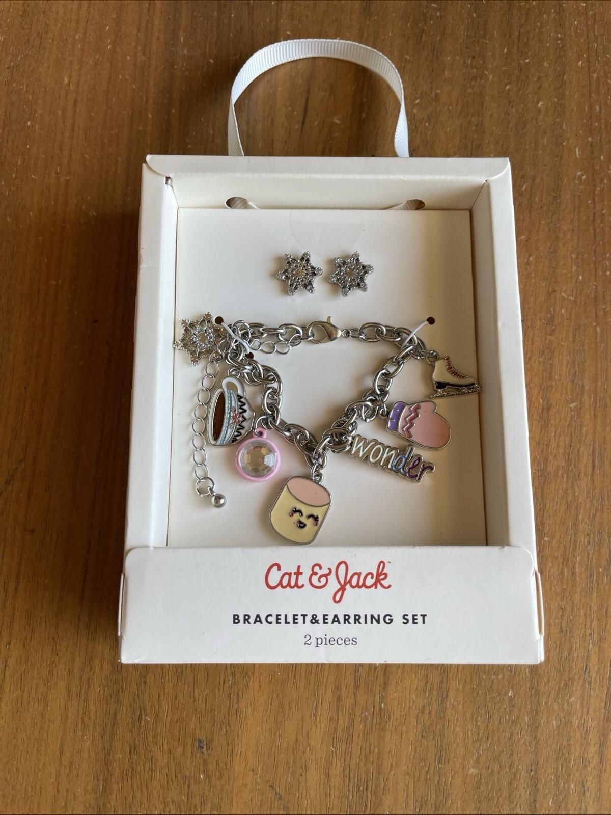 Cat & Jack Charm Bracelet Set & Snowflake Earrings Ice Skate Coco Mug Mitten
