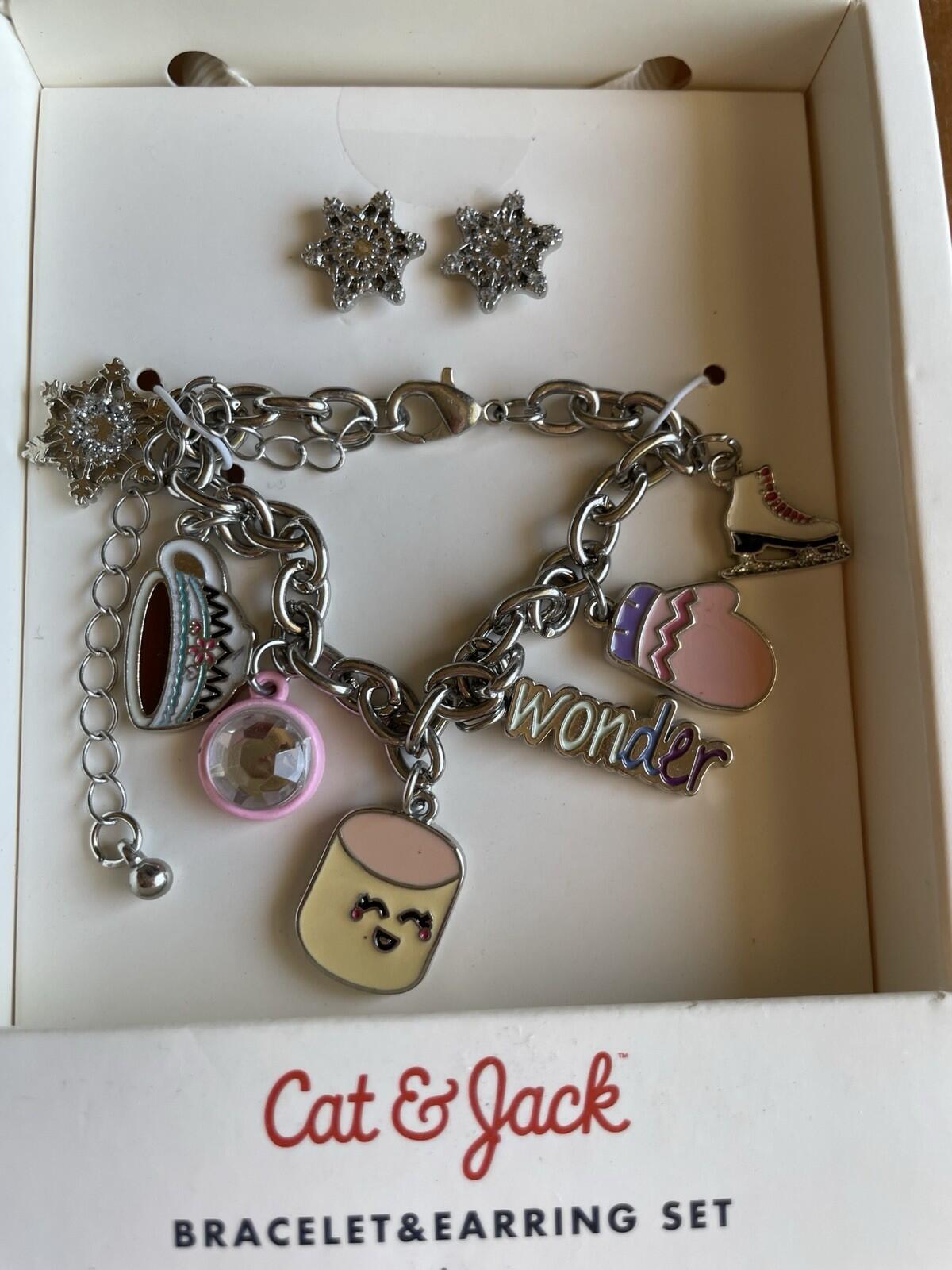 Cat & Jack Charm Bracelet Set & Snowflake Earrings Ice Skate Coco Mug Mitten - Image 2