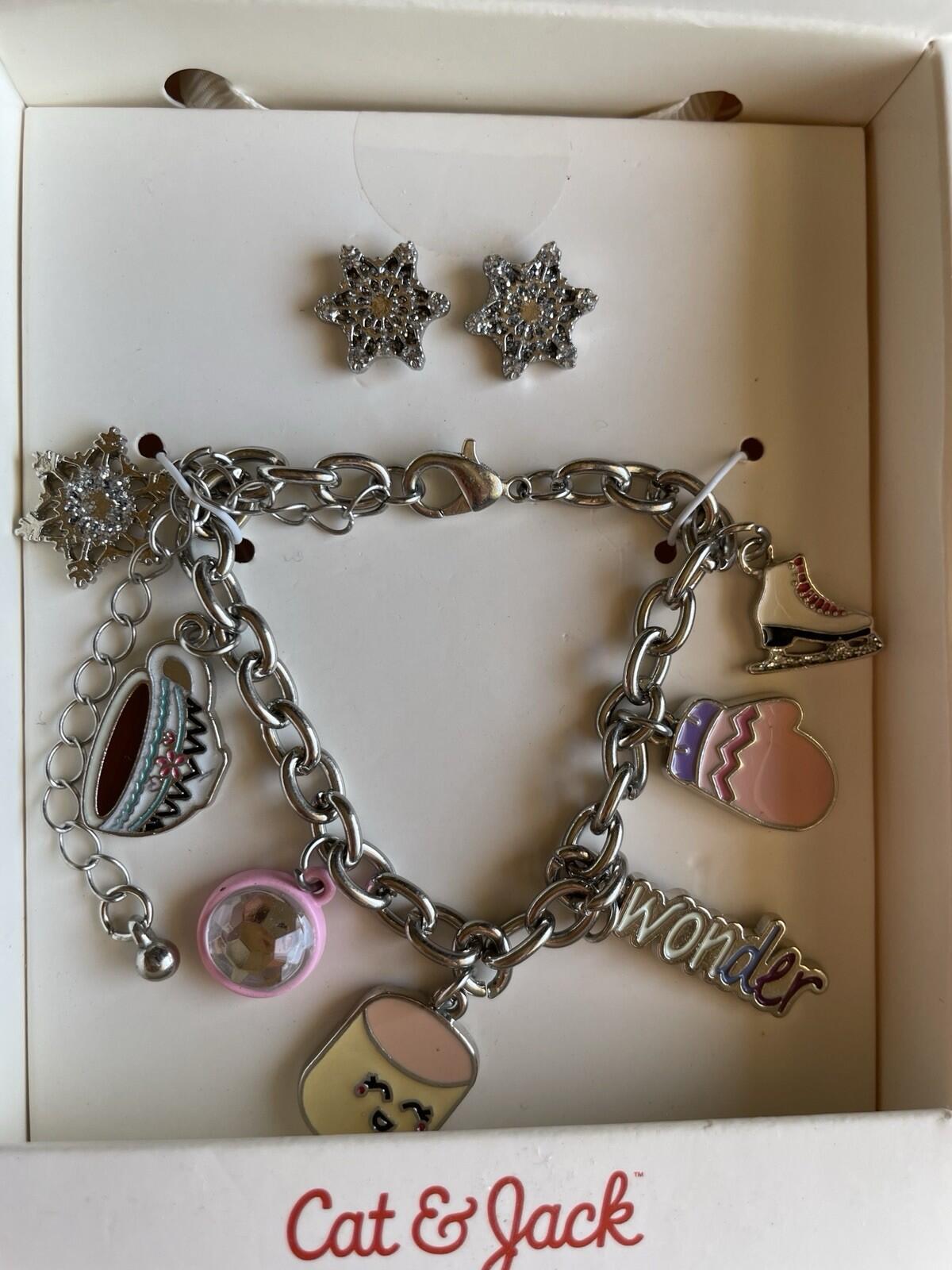 Cat & Jack Charm Bracelet Set & Snowflake Earrings Ice Skate Coco Mug Mitten - Image 4