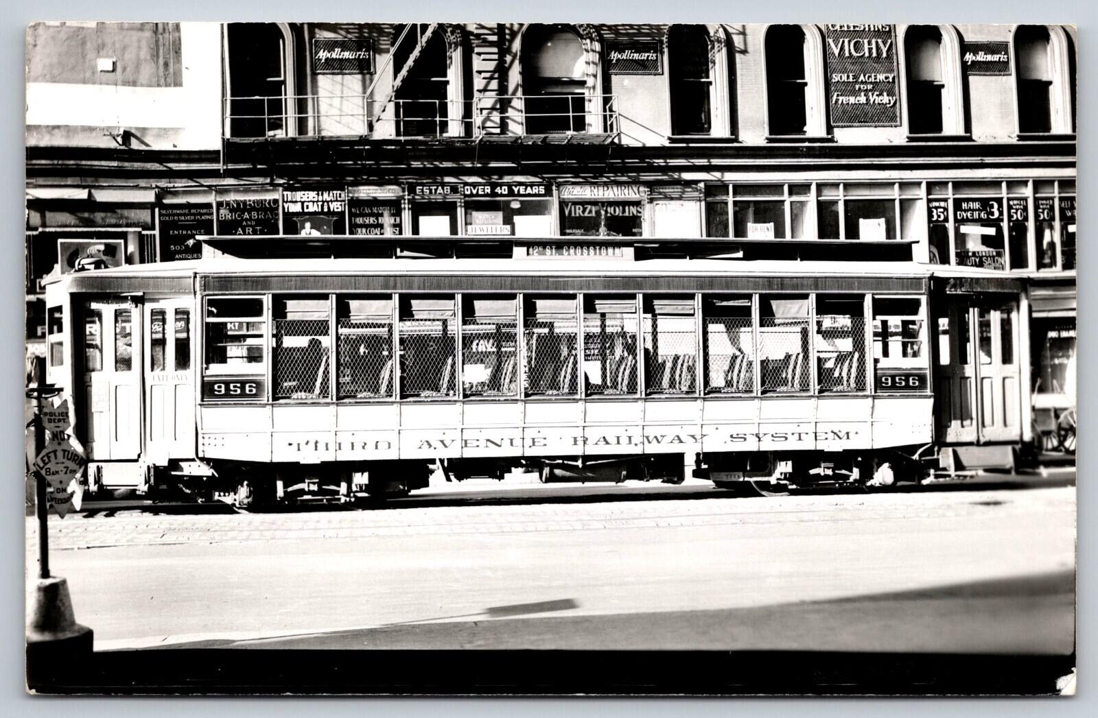 Third Avenue Railway System Trolley Car Postcard RPPC Virzi Violins Sign Vichy