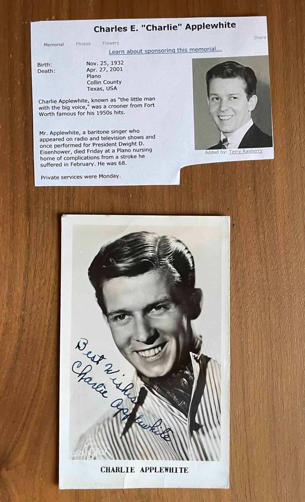 Charlie Applewhite Photo Singer Autographed Photo Signed Best Wishes