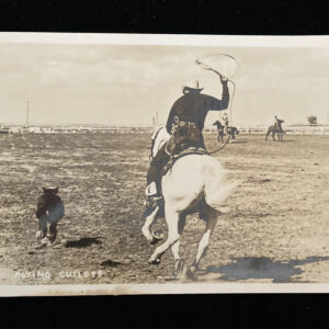 Flying Cutlets Cowboy On Horseback Roping Calf RPPC Postcard Big Horn Wyoming