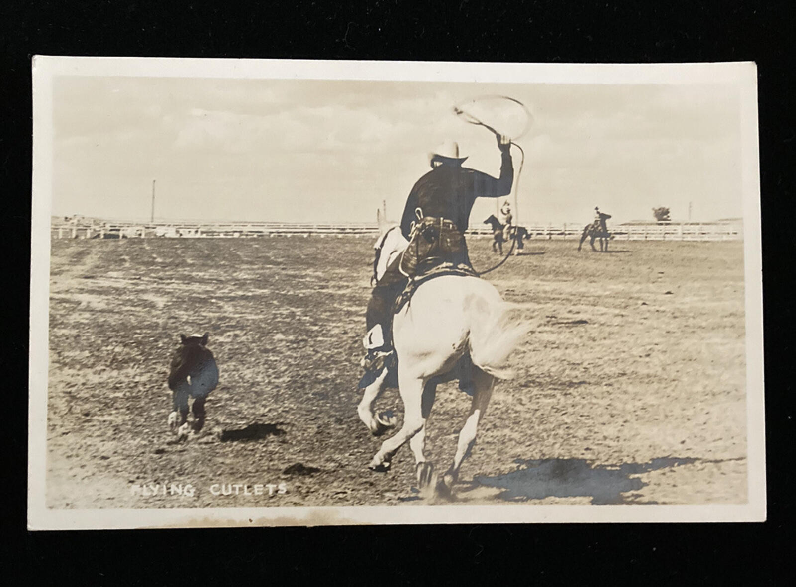 Flying Cutlets Cowboy On Horseback Roping Calf RPPC Postcard Big Horn Wyoming