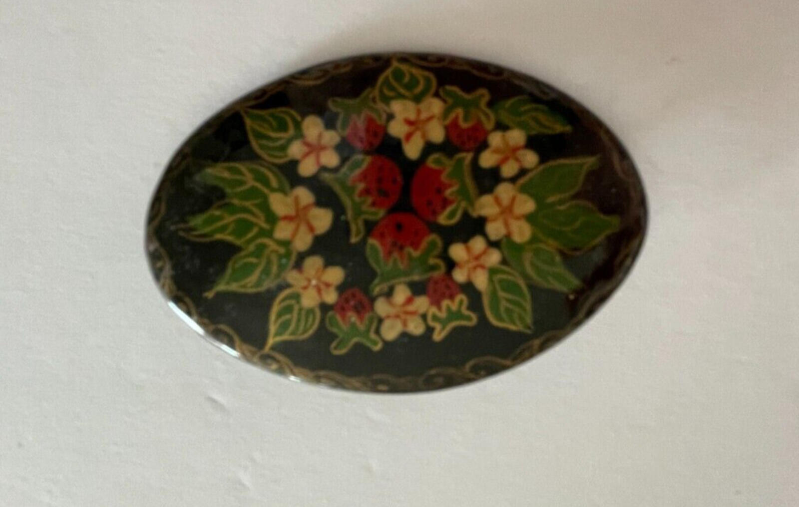 Strawberry Pin Black Lacquer Hand Painted Strawberries Brooch Pin AS IS 4 REPAIR