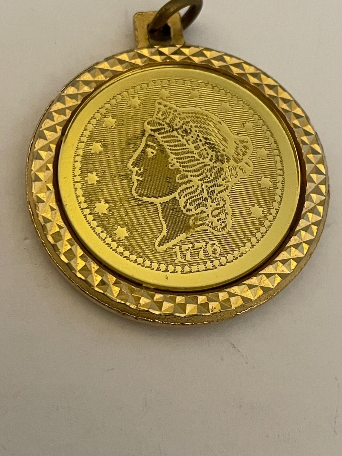1776 Lady Liberty Faux Gold Coin Pendant Gold Tone