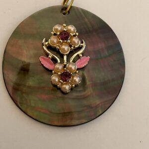 Abalone Shell Floral Pendant Faux Pearl Rhinestone Gold Tone