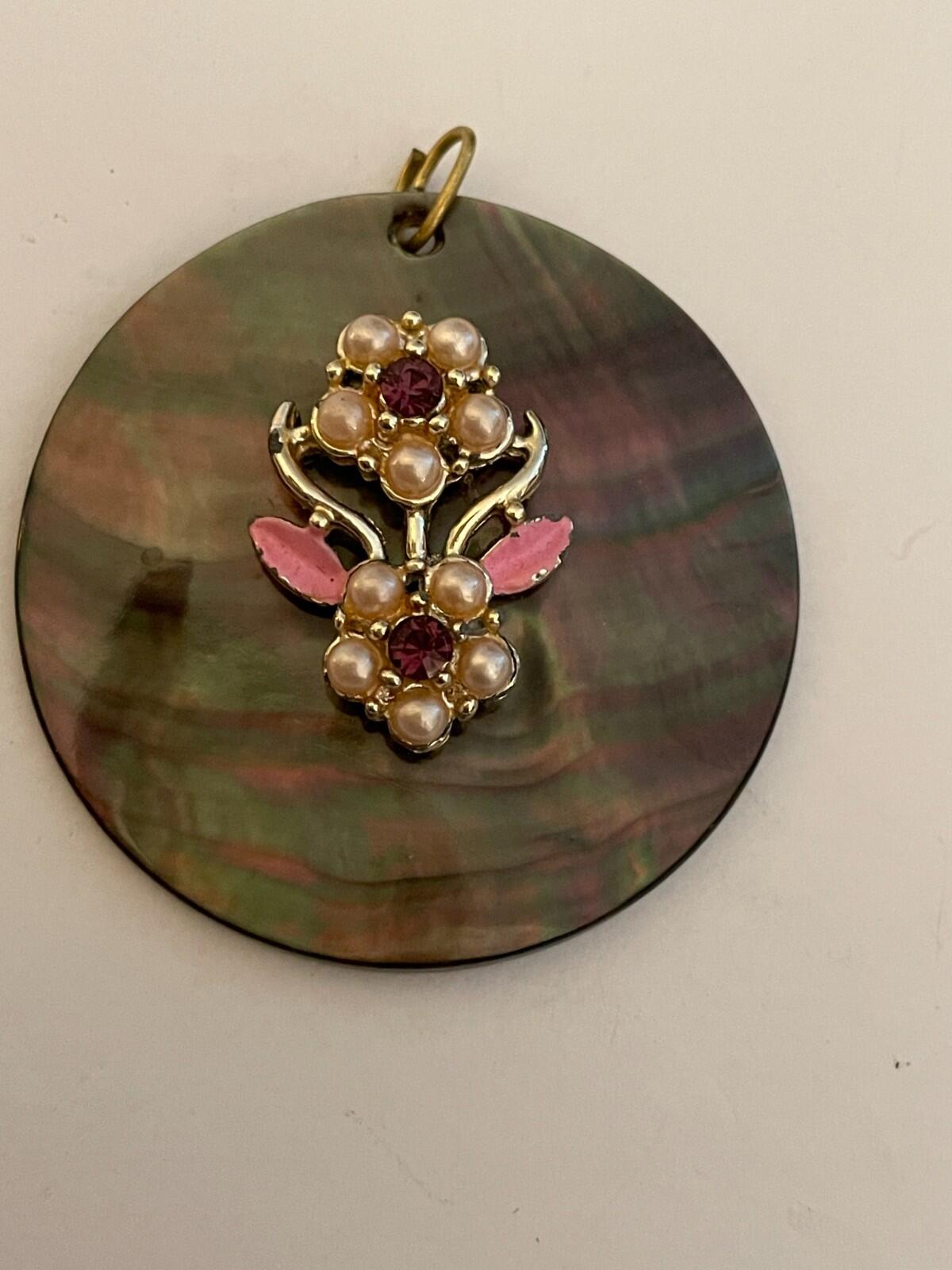 Abalone Shell Floral Pendant Faux Pearl Rhinestone Gold Tone