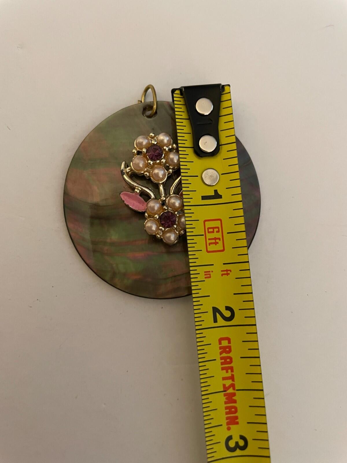 Abalone Shell Floral Pendant Faux Pearl Rhinestone Gold Tone - Image 3