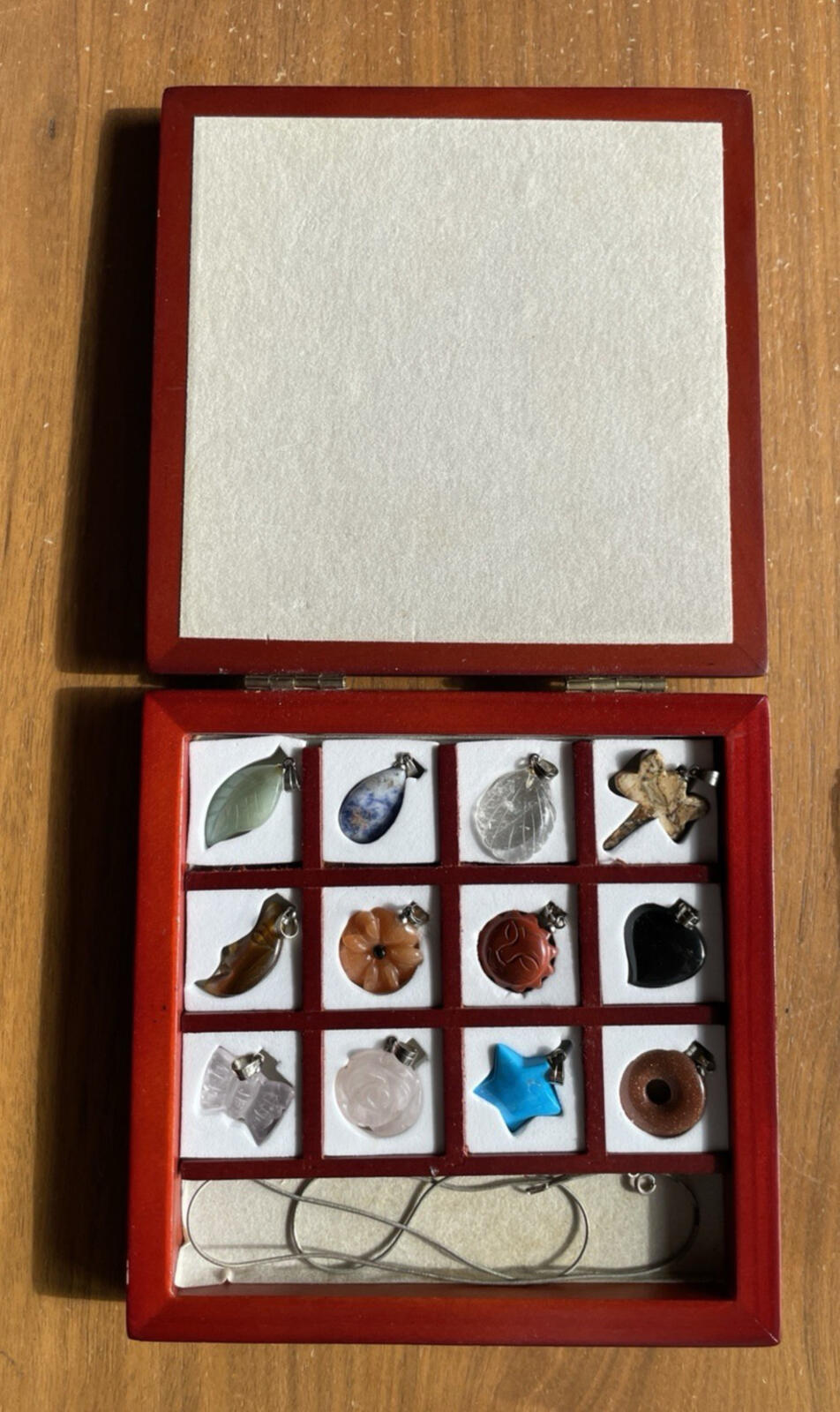 Carved Semi Precious Stone Pendant Set 12 With 8" Silver Tone Chain In Wood Box