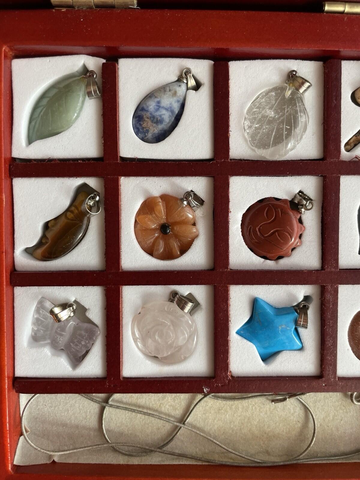 Carved Semi Precious Stone Pendant Set 12 With 8" Silver Tone Chain In Wood Box - Image 5