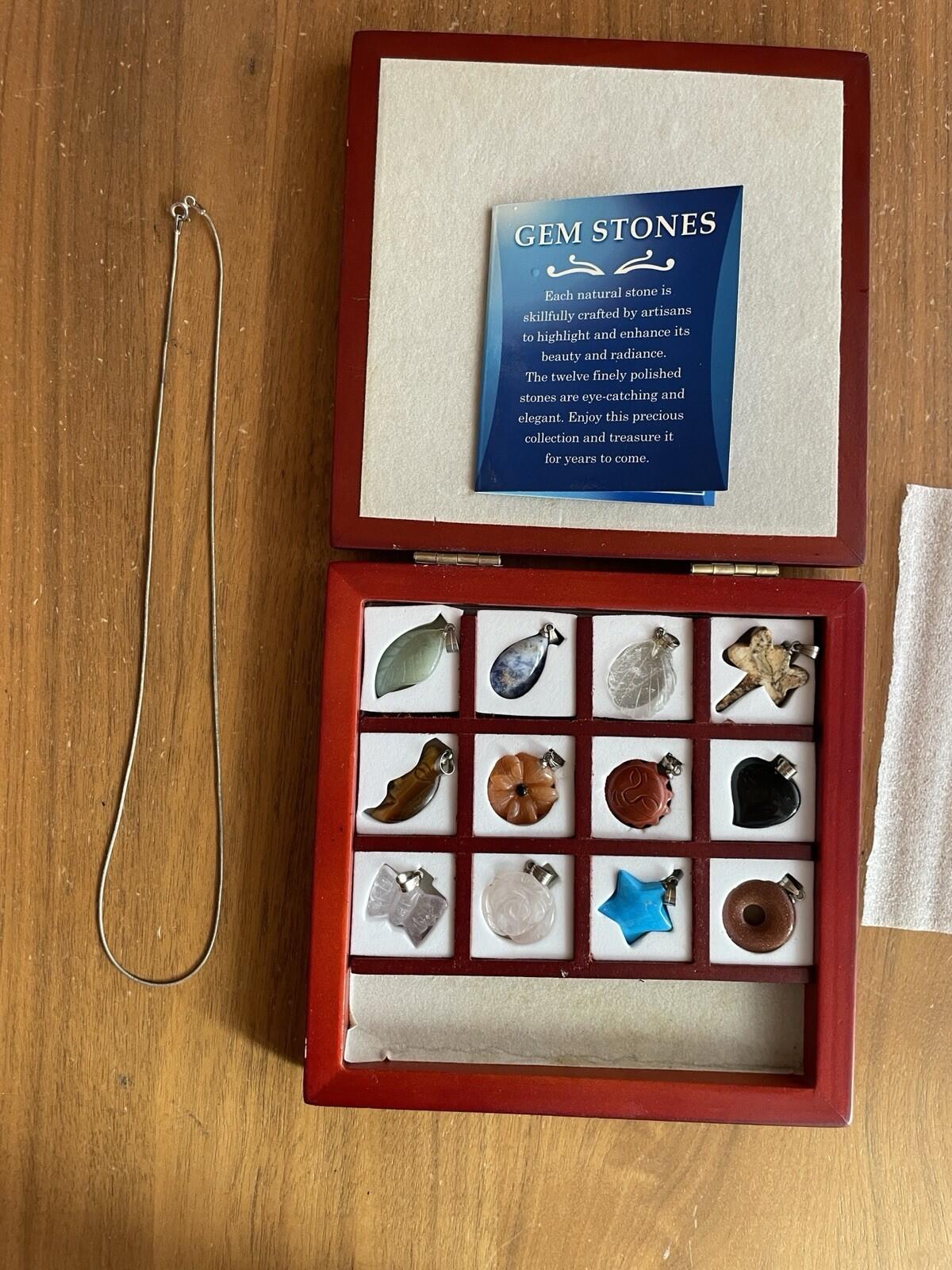 Carved Semi Precious Stone Pendant Set 12 With 8" Silver Tone Chain In Wood Box - Image 10