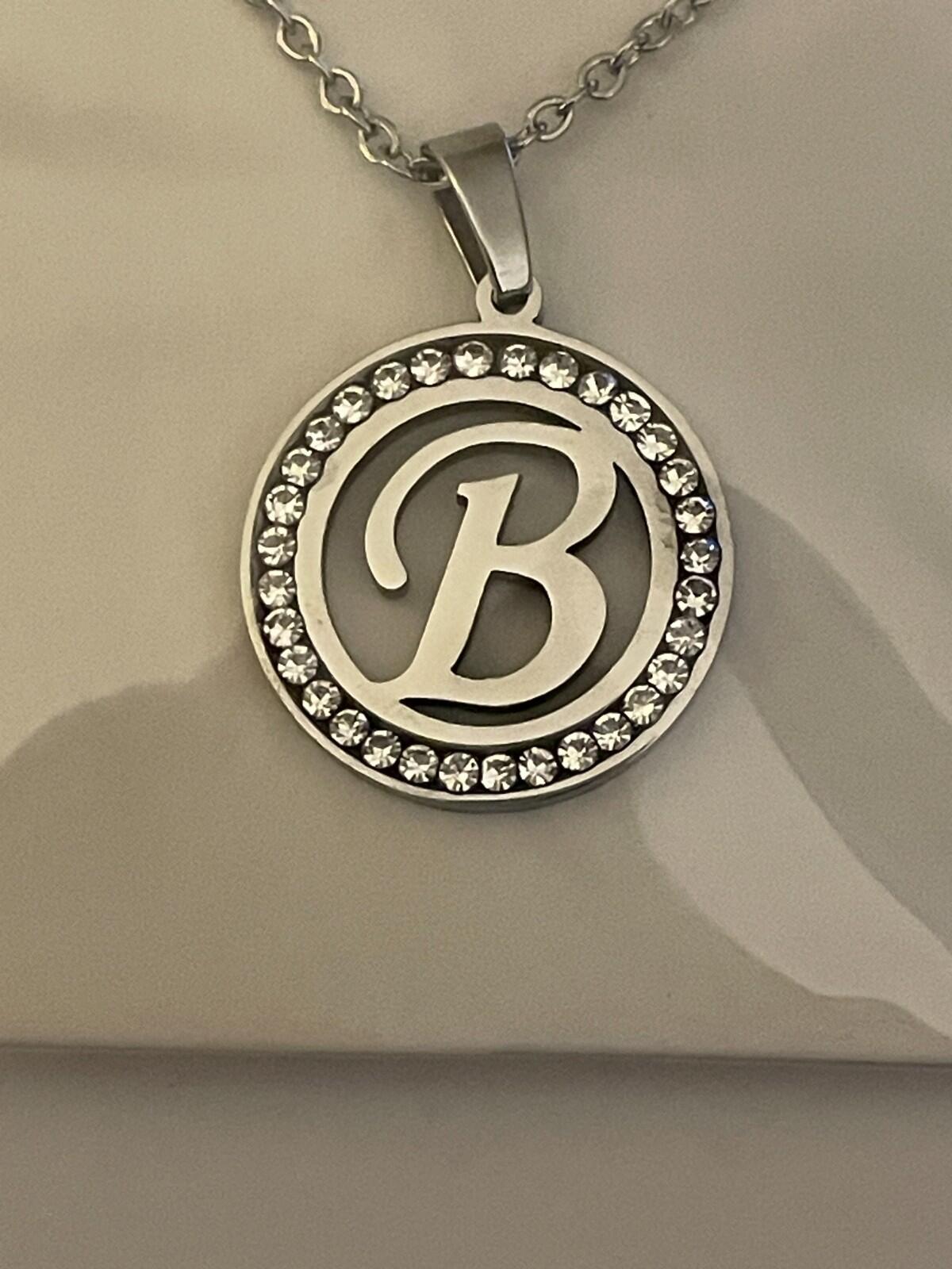 Initial B Pendant Necklace Silver Tone Rhinestone Necklace