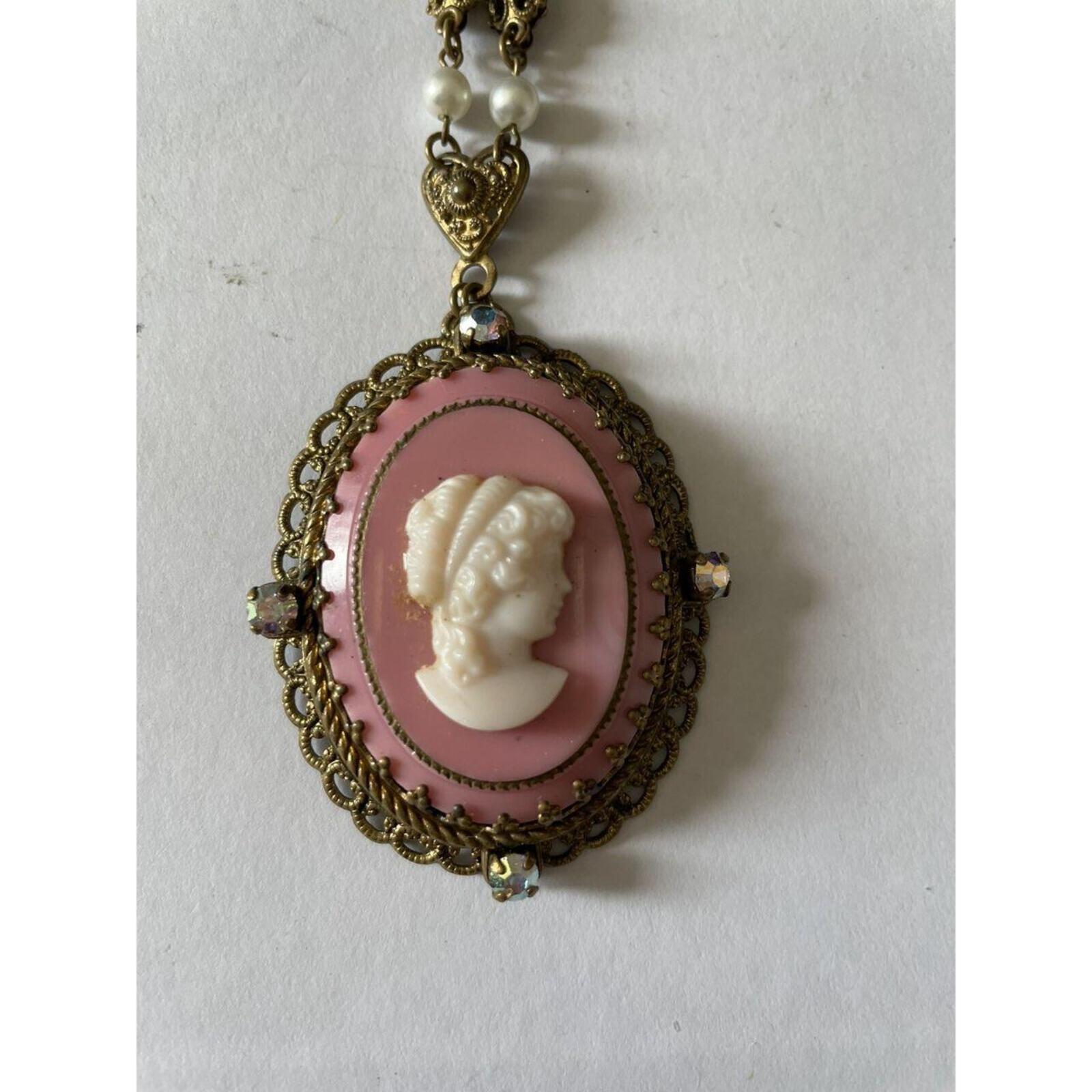 West Germany Pink Cameo Pendant Necklace Filigree Rhinestones