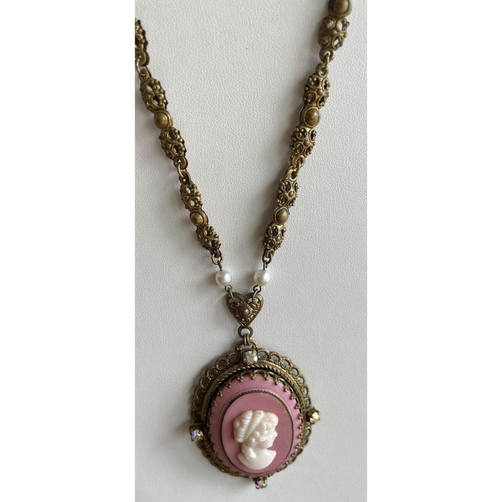 West Germany Pink Cameo Pendant Necklace Filigree Rhinestones - Image 2
