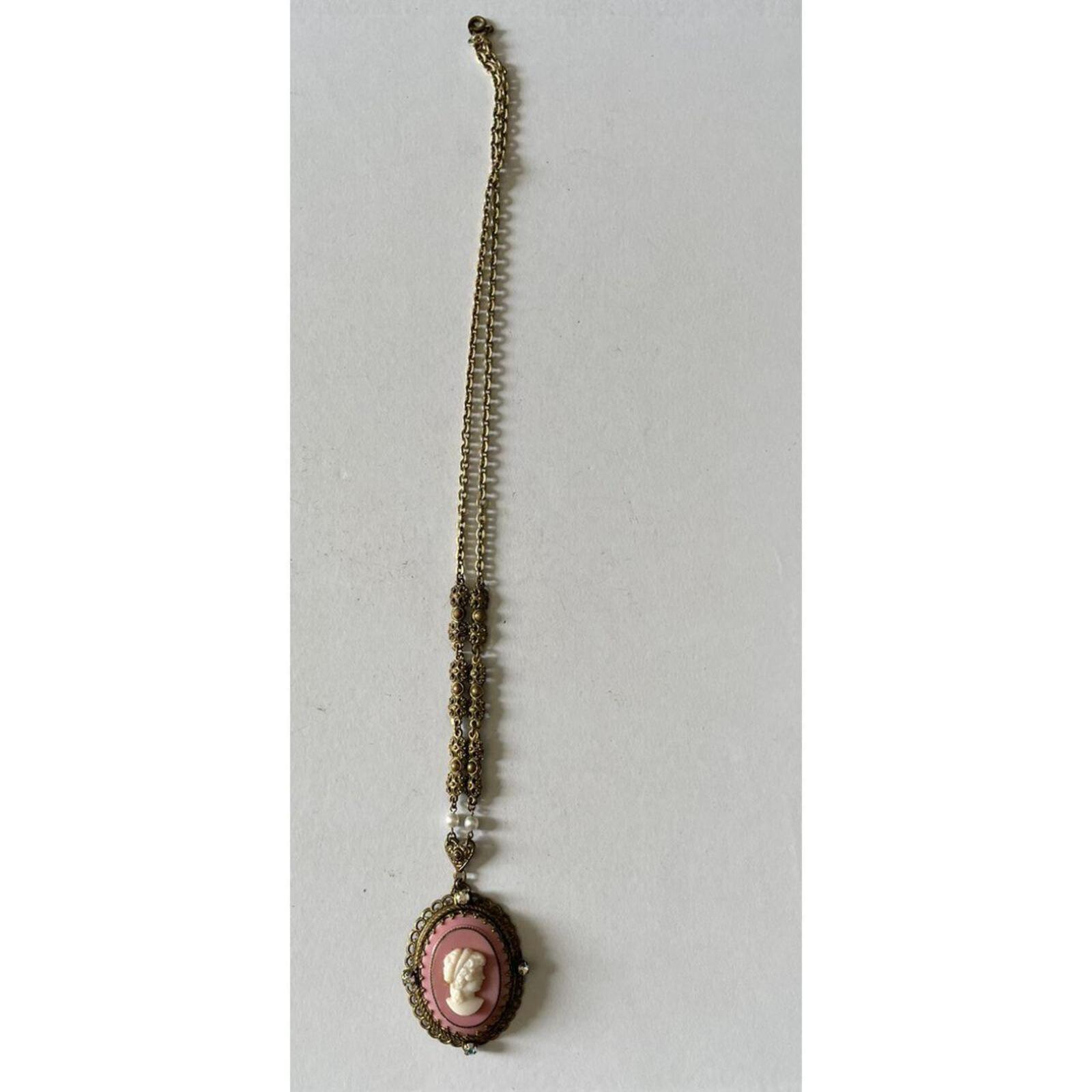 West Germany Pink Cameo Pendant Necklace Filigree Rhinestones - Image 3