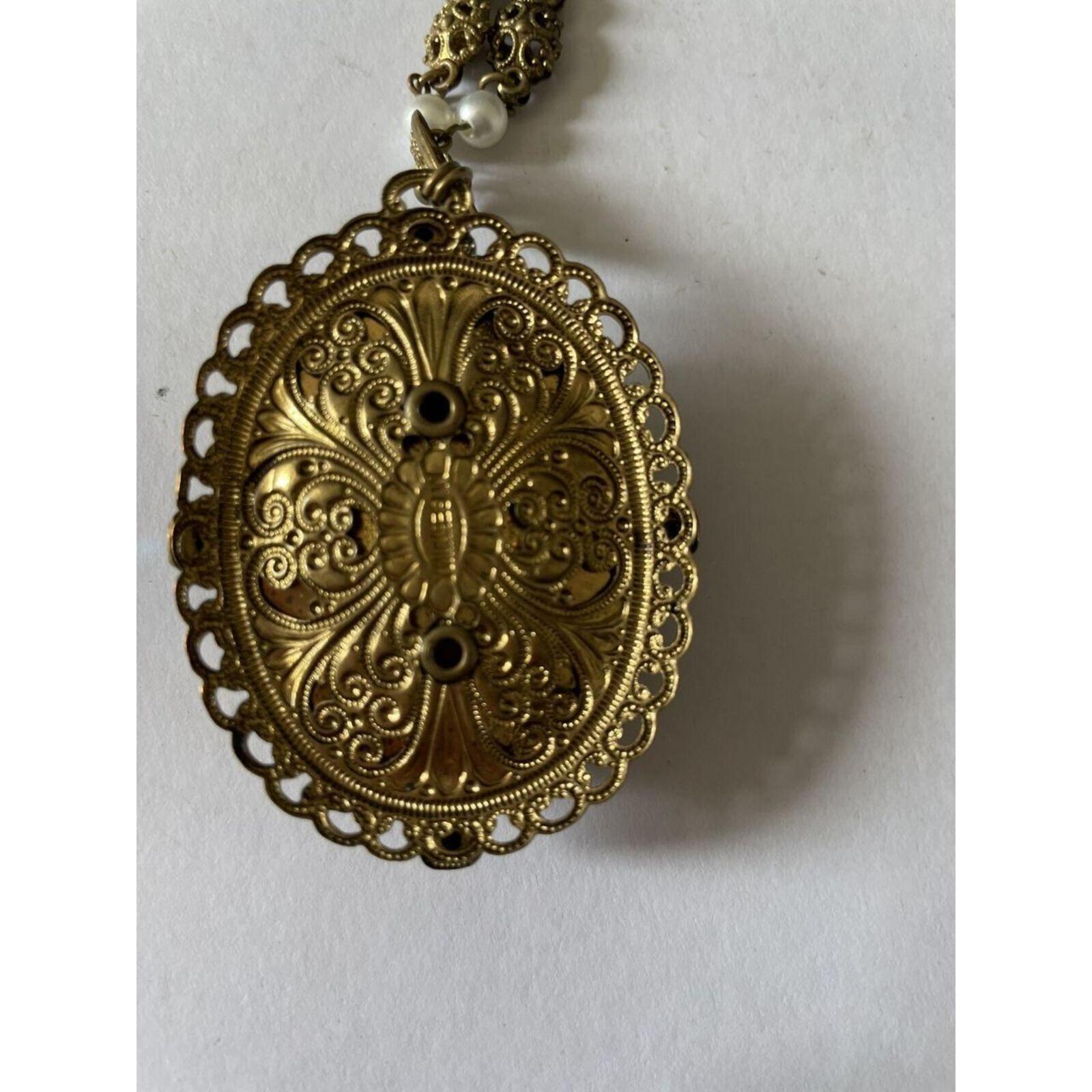 West Germany Pink Cameo Pendant Necklace Filigree Rhinestones - Image 5