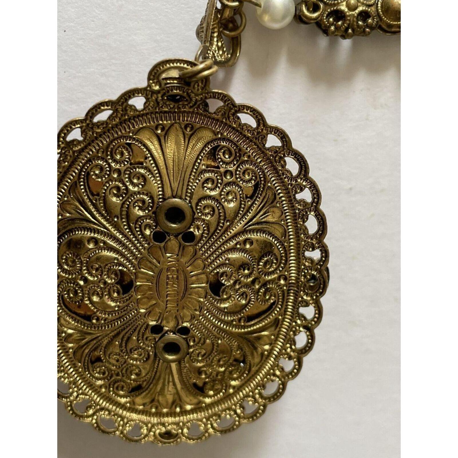 West Germany Pink Cameo Pendant Necklace Filigree Rhinestones - Image 6
