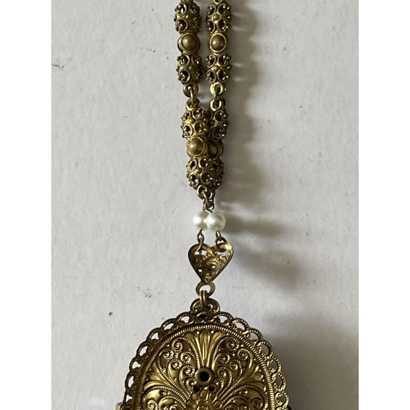 West Germany Pink Cameo Pendant Necklace Filigree Rhinestones - Image 8