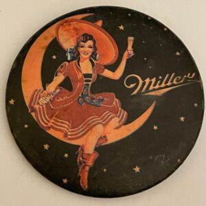 Miller Beer Lady Wearing Sombrero Sitting In Moon Button Pin