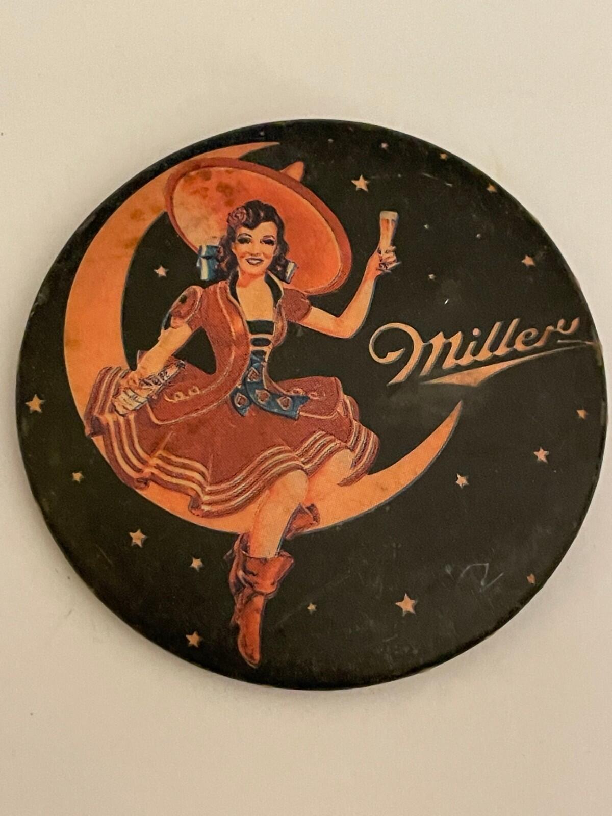 Miller Beer Lady Wearing Sombrero Sitting In Moon Button Pin