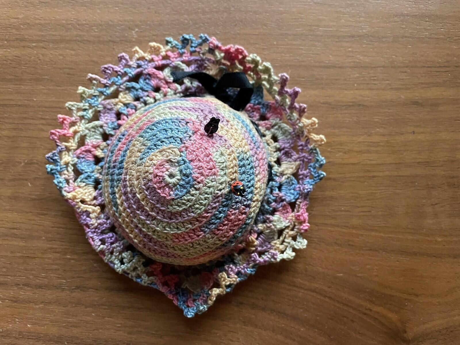 Crochet Hat Sewing Pin Cushion With Two Lady Bug Pins Vintage - Image 2